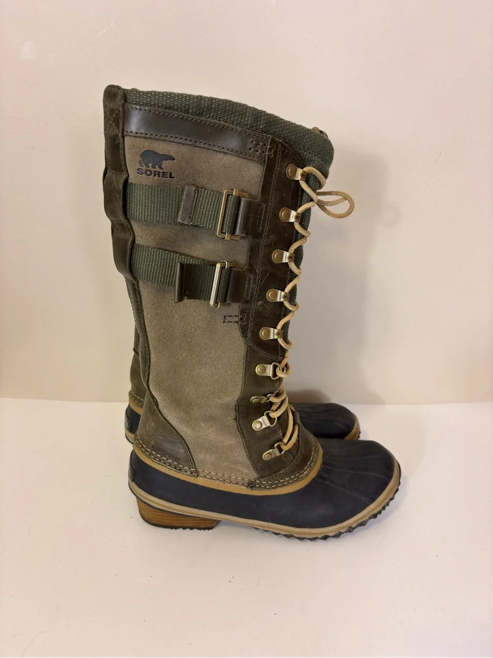 Sorel Green Suede & Leather Tall Lace-Up Waterproof Winter Boots Women’s 8